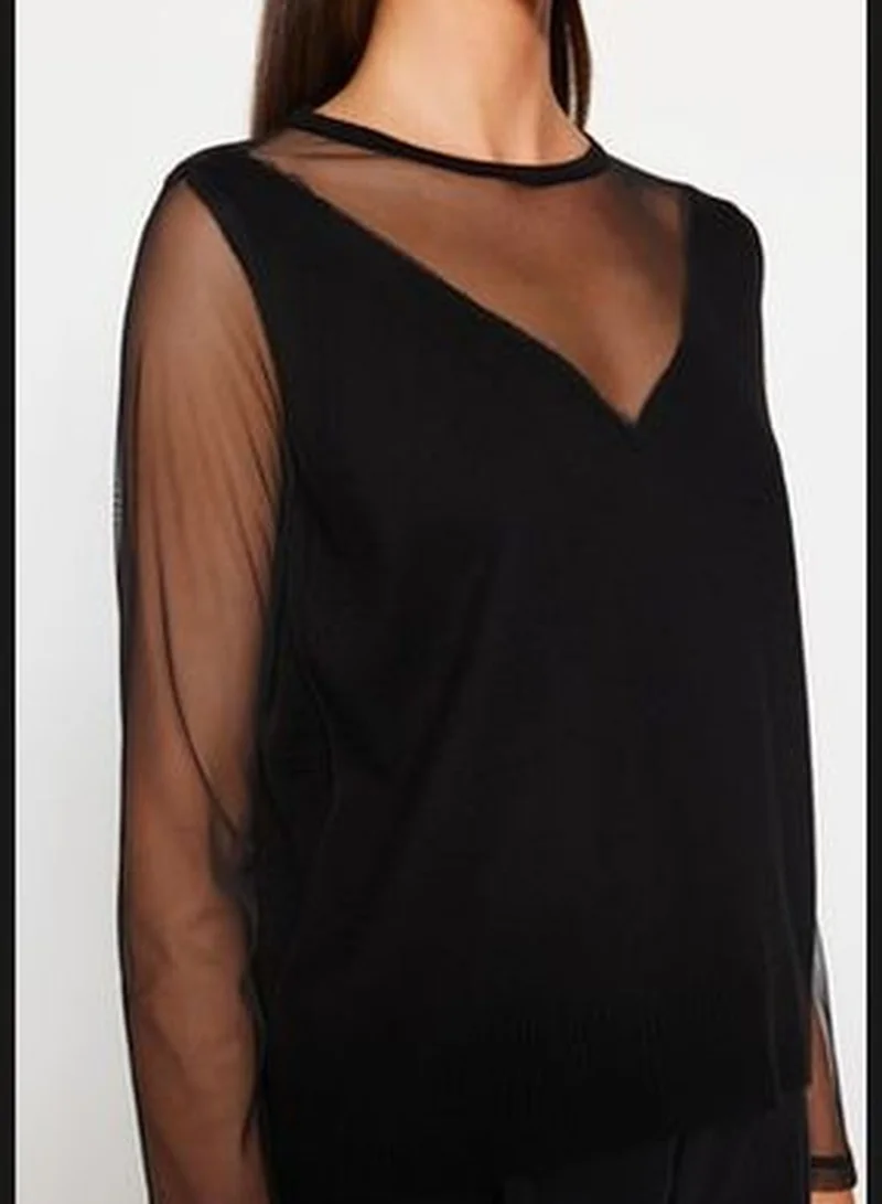 trendyol Black Transparent Sleeve Detailed Knitwear Sweater TWOAW24KZ00161