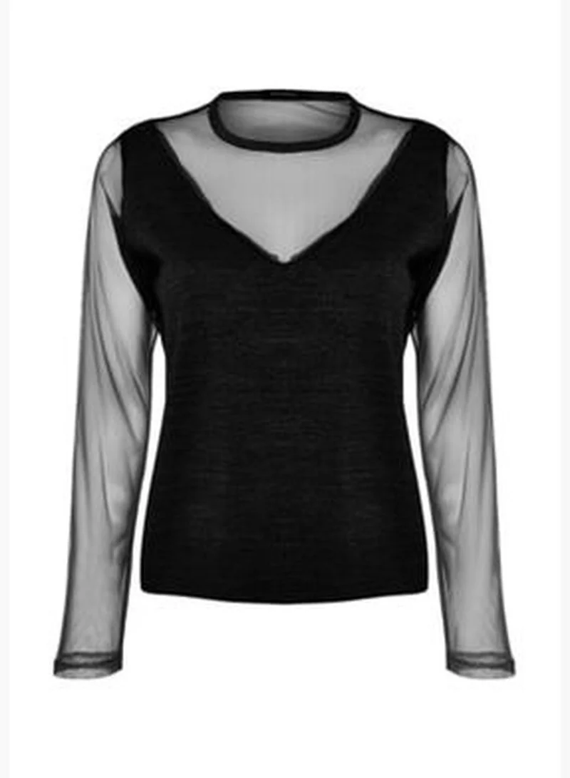 trendyol Black Transparent Sleeve Detailed Knitwear Sweater TWOAW24KZ00161