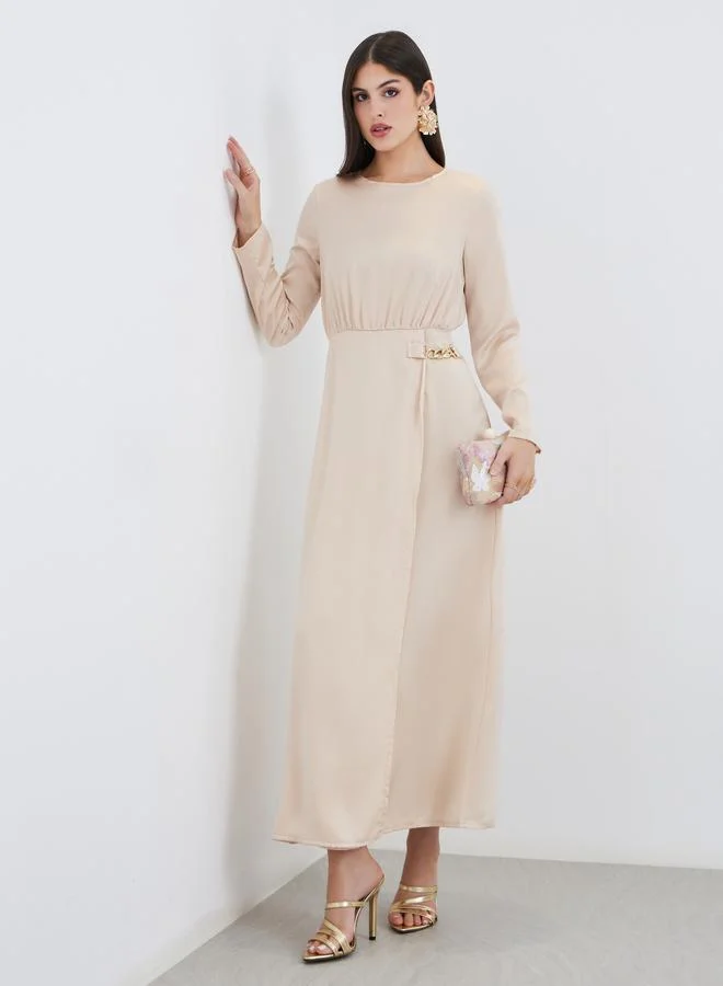 Styli Styli Beige Chain Accent A-Line Maxi Dress