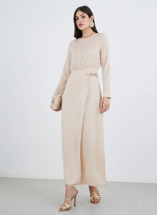 Styli Styli Beige Chain Accent A-Line Maxi Dress