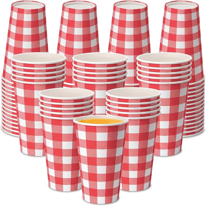 Tioncy 50 Pcs Red Gingham Paper Cups, 12 oz Disposable Paper Coffee Cups for Baby Shower, Tea Party, Picnic, Bbq, Pool, Water, Juice, Hot and Cold Drink, Red Gingham Party Supplies Decoration - Image 1