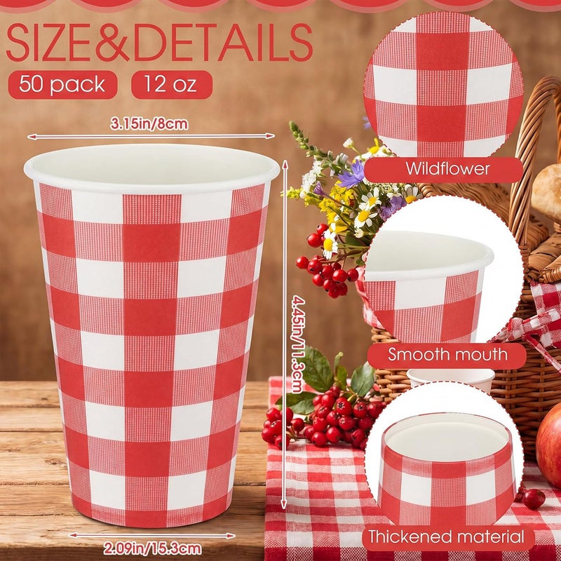 Tioncy 50 Pcs Red Gingham Paper Cups, 12 oz Disposable Paper Coffee Cups for Baby Shower, Tea Party, Picnic, Bbq, Pool, Water, Juice, Hot and Cold Drink, Red Gingham Party Supplies Decoration - Image 2