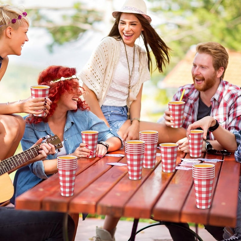 Tioncy 50 Pcs Red Gingham Paper Cups, 12 oz Disposable Paper Coffee Cups for Baby Shower, Tea Party, Picnic, Bbq, Pool, Water, Juice, Hot and Cold Drink, Red Gingham Party Supplies Decoration - Image 5