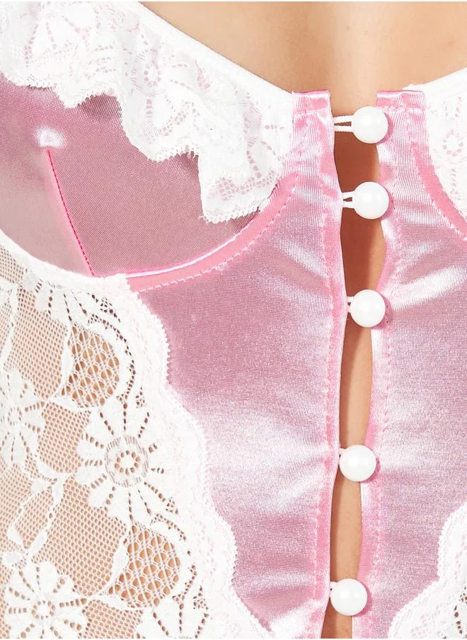 Styli Styli Button Up Contrast Ruffle Lace Trim Bodysuit