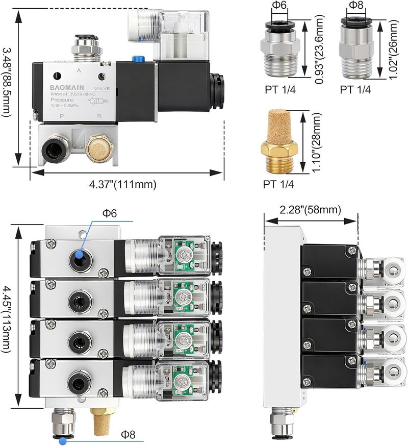 Baomain 4 Station Solenoid Valve Manifold, 24V DC 3 Way 2 Position Pneumatic Air Valve, Four Solenoid, 1/4" PT Port, Includes Manifold Base & Mufflers, 3V210-08 - Image 2