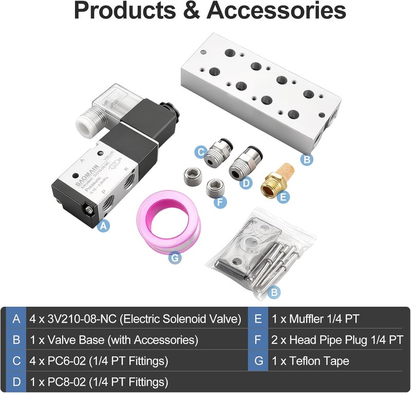 Baomain 4 Station Solenoid Valve Manifold, 24V DC 3 Way 2 Position Pneumatic Air Valve, Four Solenoid, 1/4" PT Port, Includes Manifold Base & Mufflers, 3V210-08 - Image 3