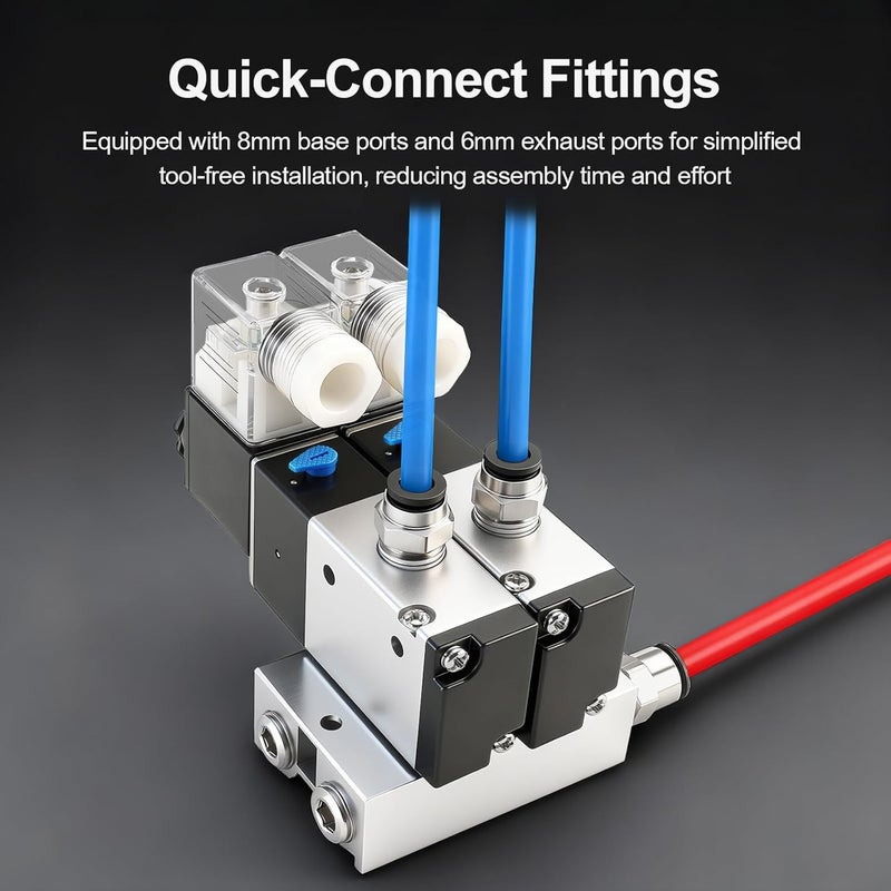Baomain 4 Station Solenoid Valve Manifold, 24V DC 3 Way 2 Position Pneumatic Air Valve, Four Solenoid, 1/4" PT Port, Includes Manifold Base & Mufflers, 3V210-08 - Image 4