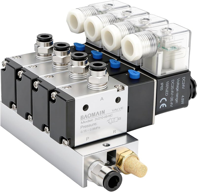 Baomain 4 Station Solenoid Valve Manifold, 24V DC 3 Way 2 Position Pneumatic Air Valve, Four Solenoid, 1/4" PT Port, Includes Manifold Base & Mufflers, 3V210-08 - Image 1