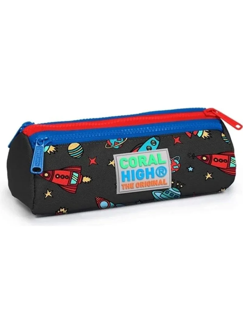 CORAL HIGH Kids Three Compartment Pencil Case Dark Gray Red Space Pattern 22319