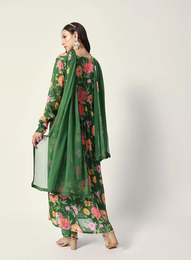 ISHIN Women's Green Chiffon Textured Tunic Full Palazzo Regular Fit Kurta Set