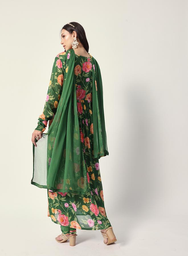 ISHIN Women's Green Chiffon Textured Tunic Full Palazzo Regular Fit Kurta Set - Image 5