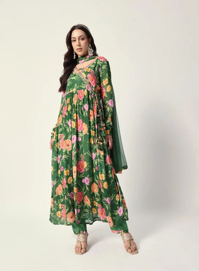 ISHIN Women's Green Chiffon Textured Tunic Full Palazzo Regular Fit Kurta Set