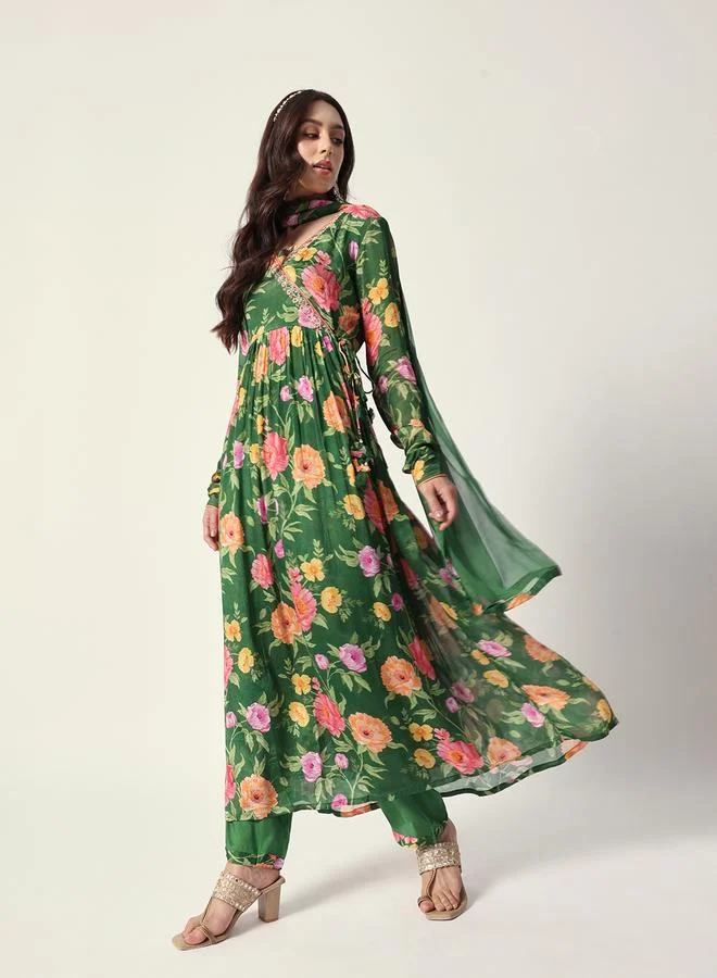 ISHIN Women's Green Chiffon Textured Tunic Full Palazzo Regular Fit Kurta Set