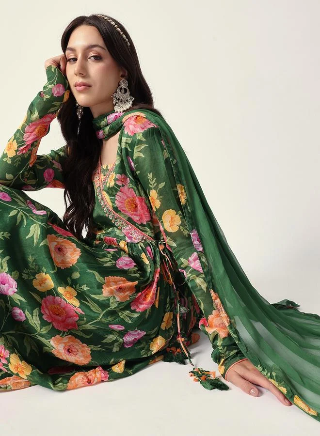 ISHIN Women's Green Chiffon Textured Tunic Full Palazzo Regular Fit Kurta Set