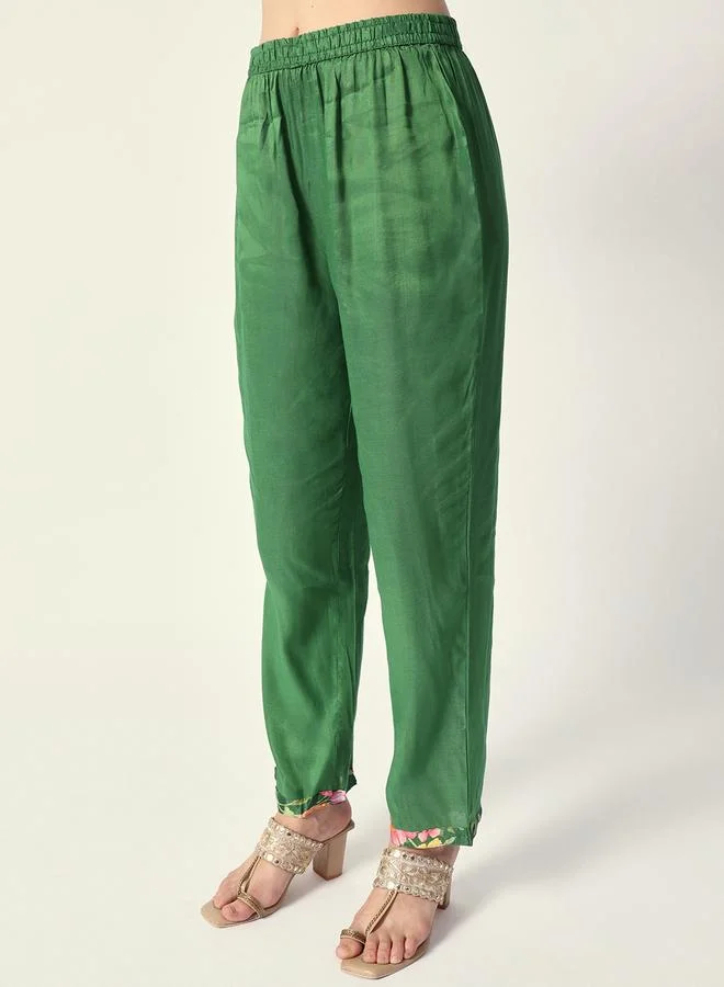 ISHIN Women's Green Chiffon Textured Tunic Full Palazzo Regular Fit Kurta Set