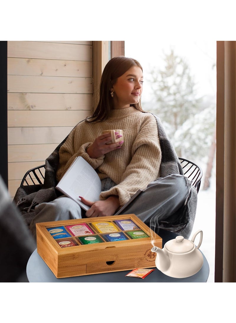 ماركة غير محددة Tea Bag Organizer - Bamboo Tea Box Organizer Storage Box, Tea Bag Holder with Drawer & Acrylic Window, Magnetic Lid Keeps Tea Bags Fresh - Tea Organizer Caddy  - Image 2
