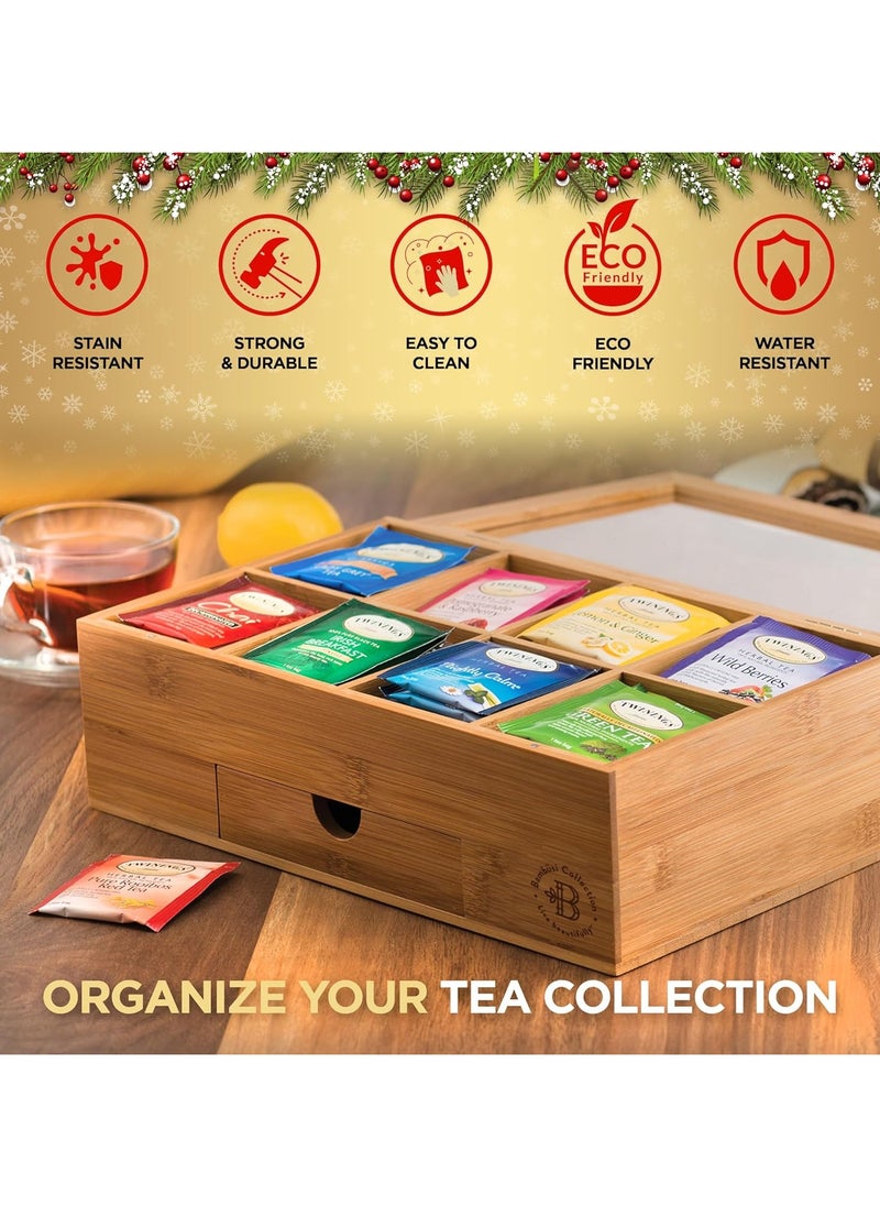 ماركة غير محددة Tea Bag Organizer - Bamboo Tea Box Organizer Storage Box, Tea Bag Holder with Drawer & Acrylic Window, Magnetic Lid Keeps Tea Bags Fresh - Tea Organizer Caddy  - Image 3