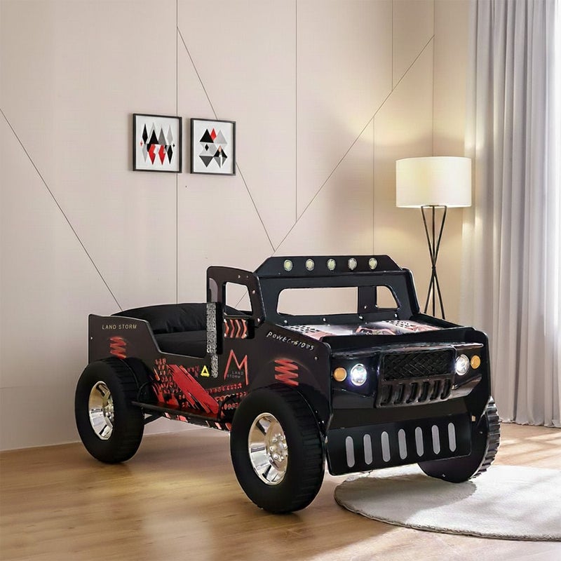 DANUBE HOME Ranger Explorer V2 90X190 Truck Bed W/Front Light | Modern Design Wooden Kids Bed Frame Furniture | Comfortable Bed (Mattress Not Included) - Black - Image 1