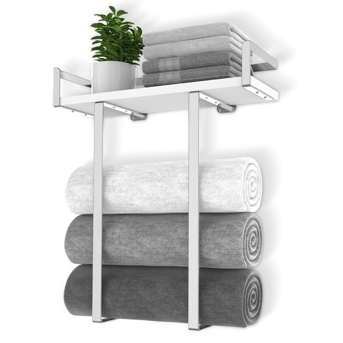 TOWEL RACK WALL MOUNTED METAL TOWEL HOLDER WITH WOODEN SHELF FOR FOLDING LARGE TOWELS TOWEL STORAGE FOR SMALL BATHROOM ORGANIZER DECOR OR RV CAMPING SILVER