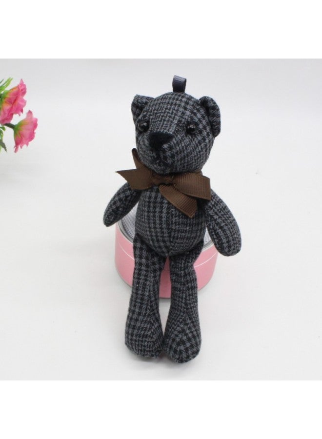 Loquat Houndstooth Bowen Bear Doll Bow Tie Teddy Bear Keychain Pendant Fabric Long-legged Bear Plush Toy Doll-Color:Gray Black-Height:15cm Small - Image 1
