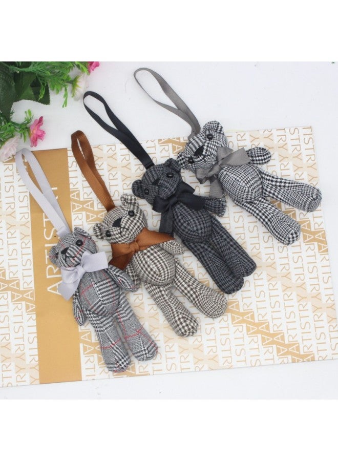 Loquat Houndstooth Bowen Bear Doll Bow Tie Teddy Bear Keychain Pendant Fabric Long-legged Bear Plush Toy Doll-Color:Gray Black-Height:15cm Small - Image 3