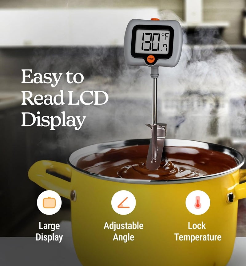 Craft911 Digital Candy Thermometer with Pot Clip, 10" Long Stainless Steel Probe, Instant Read Kitchen Thermometer for Cooking, Baking, and Candy Making (Gray) - Image 3