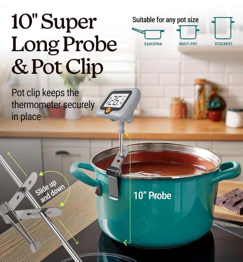 Craft911 Digital Candy Thermometer with Pot Clip, 10" Long Stainless Steel Probe, Instant Read Kitchen Thermometer for Cooking, Baking, and Candy Making (Gray) - Image 4