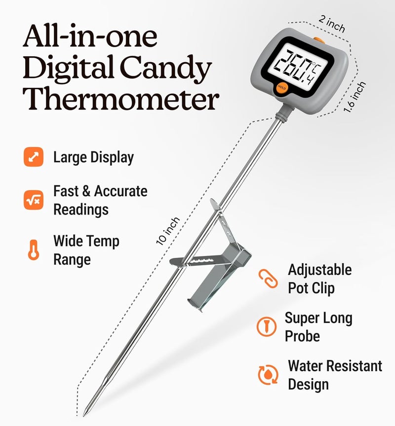 Craft911 Digital Candy Thermometer with Pot Clip, 10" Long Stainless Steel Probe, Instant Read Kitchen Thermometer for Cooking, Baking, and Candy Making (Gray) - Image 2