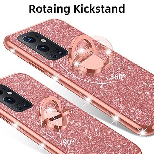 nancheng for OnePlus 9 pro 5G Case (2021) Cute Girls Women Glitter Soft TPU Cover with Ring Kickstand Strap Lanyard Shockproof Protective Phone Case - Rose Gold - Image 4