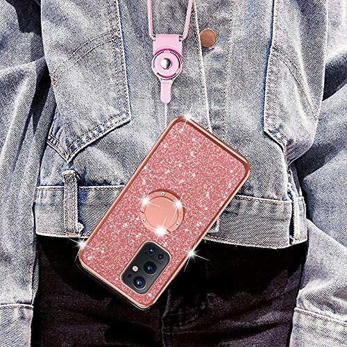 nancheng for OnePlus 9 pro 5G Case (2021) Cute Girls Women Glitter Soft TPU Cover with Ring Kickstand Strap Lanyard Shockproof Protective Phone Case - Rose Gold - Image 5