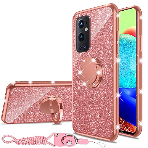nancheng for OnePlus 9 pro 5G Case (2021) Cute Girls Women Glitter Soft TPU Cover with Ring Kickstand Strap Lanyard Shockproof Protective Phone Case - Rose Gold - Image 1