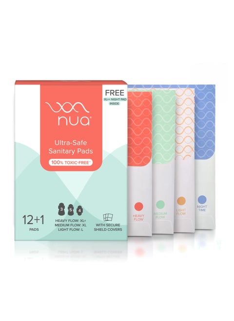 Nua Ultra-Safe 12 Sanitary Pads For Women | 3 sizes in 1: 3 Heavy Flow-XL+, 5 Medium-XL & 4 Light-L | Safe on Skin | Toxic-Free & Rash-Free | Unscented | Leakproof | With 12 Secure Shield Covers