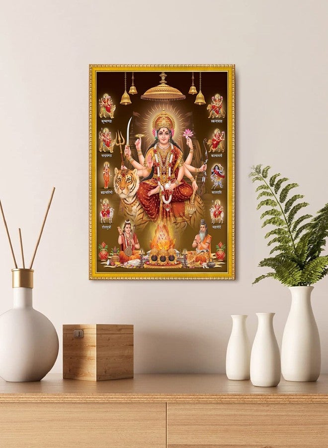 999STORE Nav Durga Mata Rani Photo Painting With Photo Frame For Mandir/Temple Nav Durga Mata Rani Photo Frame (Mdf & Fiber_12X8 Inches) God0141 - Vinyl - Image 1