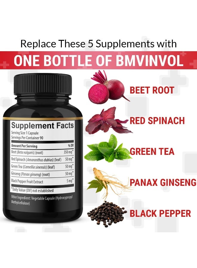 BMVINVOL Beet Root Extract Capsules 8550mg - Green Tea, Red Spinach, Ginseng - Supports Athletic Performance, Digestive, Immune System - 3 Months Supply - Image 3