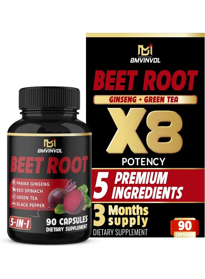BMVINVOL Beet Root Extract Capsules 8550mg - Green Tea, Red Spinach, Ginseng - Supports Athletic Performance, Digestive, Immune System - 3 Months Supply - Image 1