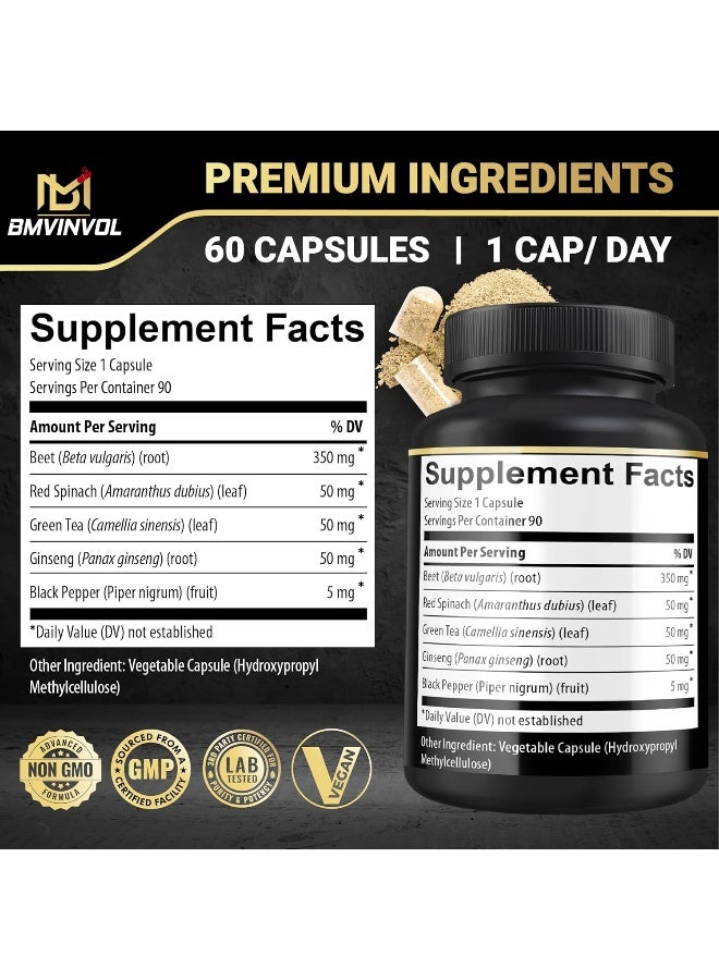 BMVINVOL Beet Root Extract Capsules 8550mg - Green Tea, Red Spinach, Ginseng - Supports Athletic Performance, Digestive, Immune System - 3 Months Supply - Image 2