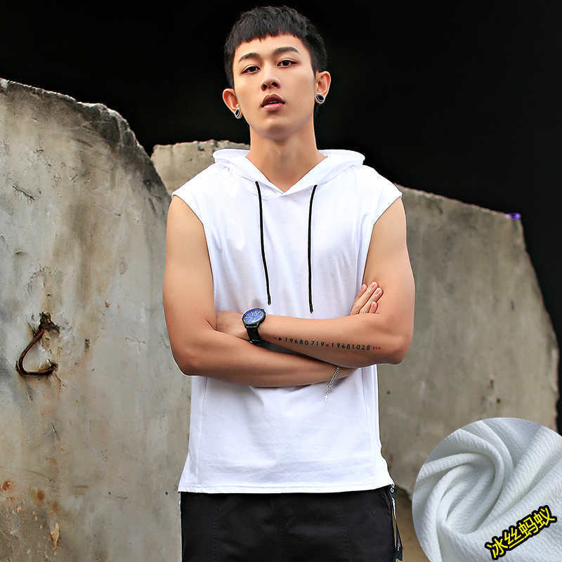 Mens Summer Korean Style Sleeveless T-Shirt Trendy Vest With Hoodie Short Sleeves Sweatshirt Bodycon Tee For Hot Weather White [hooded vest] 