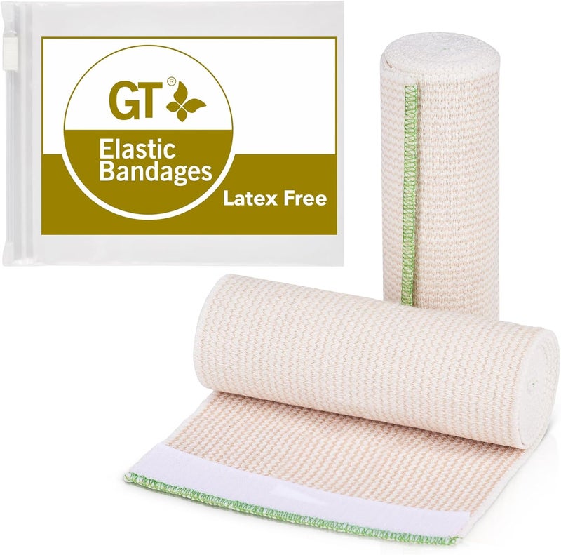 GT Premium Elastic Bandage Wrap (6" 2 Pack) - Hook & Loop Fasteners at Both Ends - Latex Free Hypoallergenic Compression Roll - Reusable Bandages for Waist, Legs, Elbow & Knee Wrap 