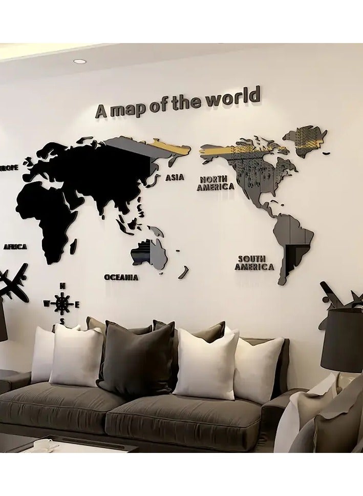 3D World Map Wall Sticker – Black Acrylic Decorative Mural, DIY Splicing Self-Adhesive Wall Art for Bedroom, Living Room, Office & School - Image 1