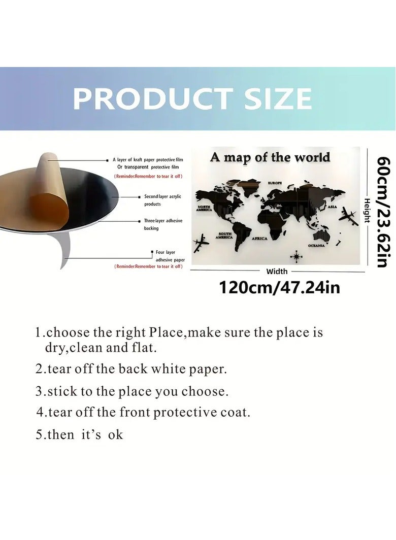 3D World Map Wall Sticker – Black Acrylic Decorative Mural, DIY Splicing Self-Adhesive Wall Art for Bedroom, Living Room, Office & School - Image 4