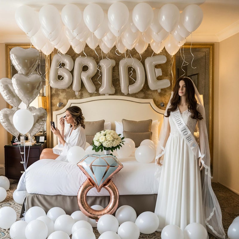 kozee Cream White Bridal Shower party decorations with huge 40 Inch BRIDE letter Pearl Balloons BRIDE to be Sash Bridal Veil and Diamond Ring Heart shape Balloons For Bachelorette party Wedding supplies - Image 2