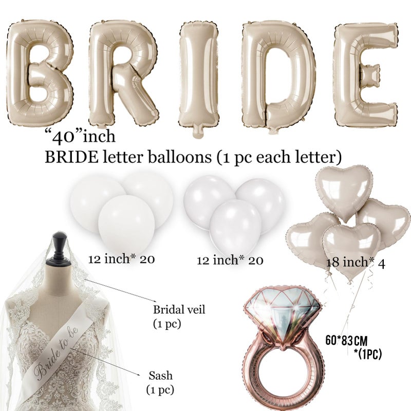 kozee Cream White Bridal Shower party decorations with huge 40 Inch BRIDE letter Pearl Balloons BRIDE to be Sash Bridal Veil and Diamond Ring Heart shape Balloons For Bachelorette party Wedding supplies - Image 5