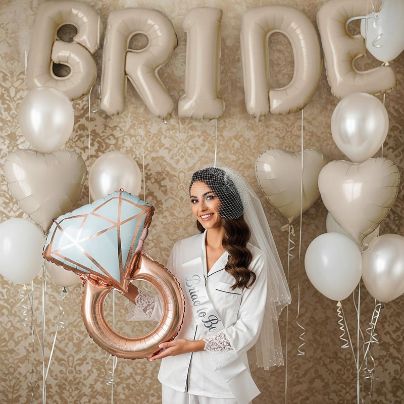 kozee Cream White Bridal Shower party decorations with huge 40 Inch BRIDE letter Pearl Balloons BRIDE to be Sash Bridal Veil and Diamond Ring Heart shape Balloons For Bachelorette party Wedding supplies - Image 3