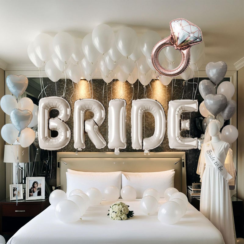 kozee Cream White Bridal Shower party decorations with huge 40 Inch BRIDE letter Pearl Balloons BRIDE to be Sash Bridal Veil and Diamond Ring Heart shape Balloons For Bachelorette party Wedding supplies - Image 1