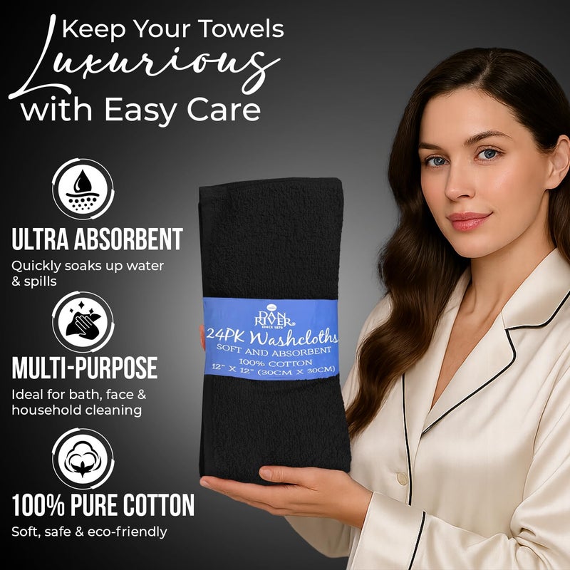 Dan River 24 Pack Wash Cloths For Showering [12X12] - 100% Cotton Washcloths Premium Quality Flannel Face Cloths For Bathroom  Highly Absorbent And Soft Feel Wash Clothes  Black - Image 4