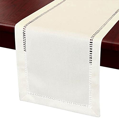 Grelucgo Handcrafted Solid Color Dining Table Runner Dresser Scarf DoubleHemstitched Cream 14 x 60