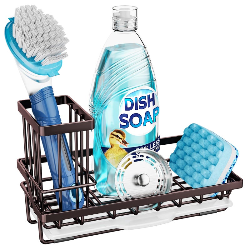 Consumest Sink Caddy Kitchen Organizer Sponge Holder for Kitchen Sink with Removable Drip Tray for Countertop Dish Soap Holder Dispenser Brush Holder 304 Stainless Steel  Bronze