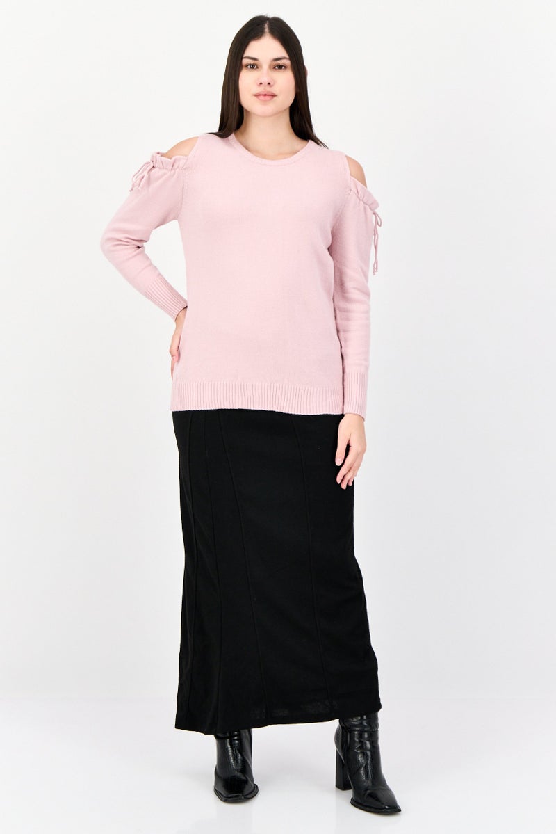 POOF سويت شيرت نسائي بياقة دائرية وأكتاف مكشوفة، وردي - Image 4