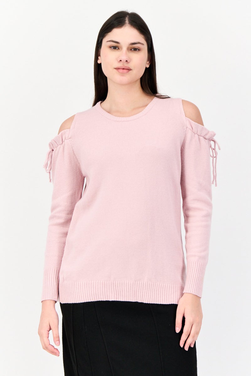 POOF سويت شيرت نسائي بياقة دائرية وأكتاف مكشوفة، وردي - Image 1