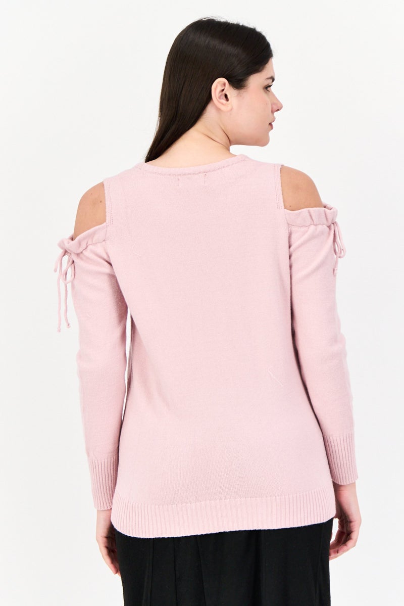POOF سويت شيرت نسائي بياقة دائرية وأكتاف مكشوفة، وردي - Image 3